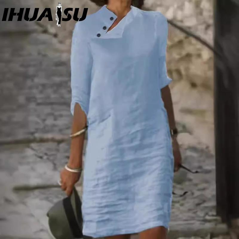 IHUASU Женская мода лето весна однотонный принт с коротким рукавом и высокой талией повседневные платья