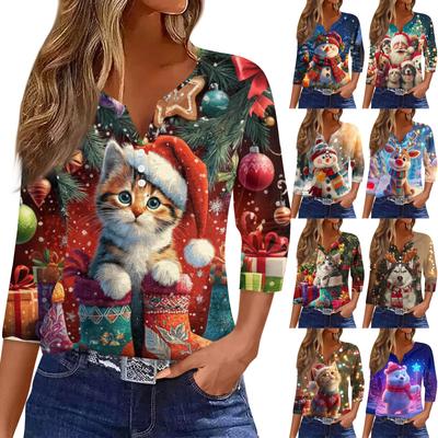 Женская модная повседневная рождественская блузка с V-образным вырезом и рукавом три четверти, украшенная пуговицами