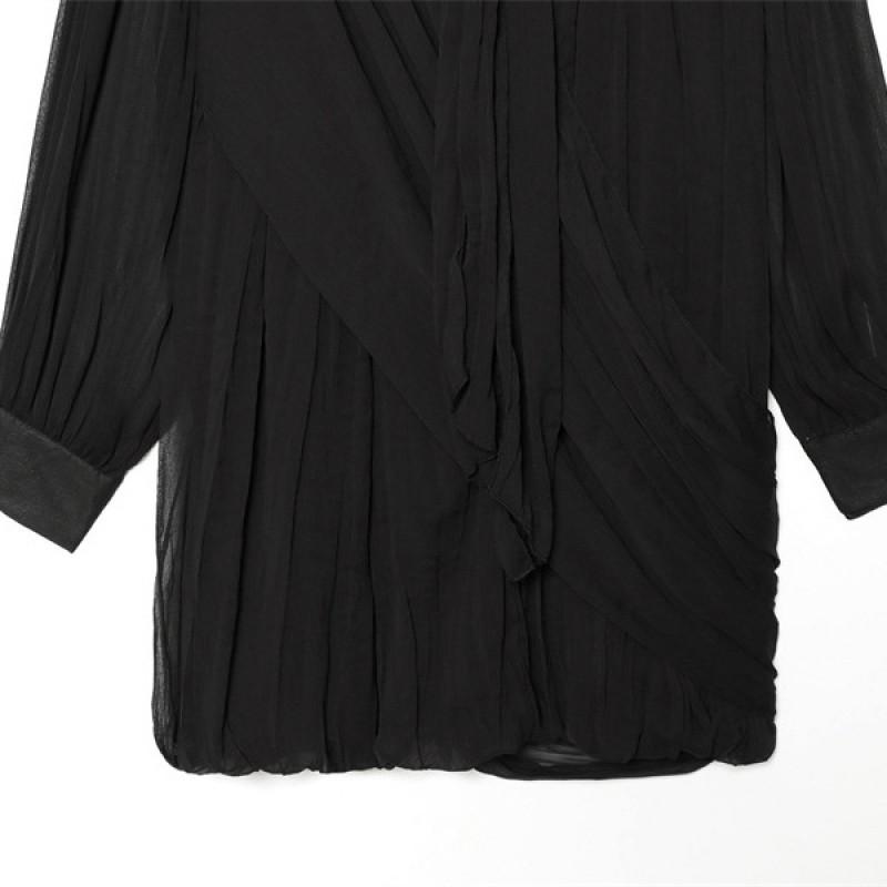 2026 Womens Long Sleeve Short Dress With Draped Pleats Slim Fit V-Neck Street Style