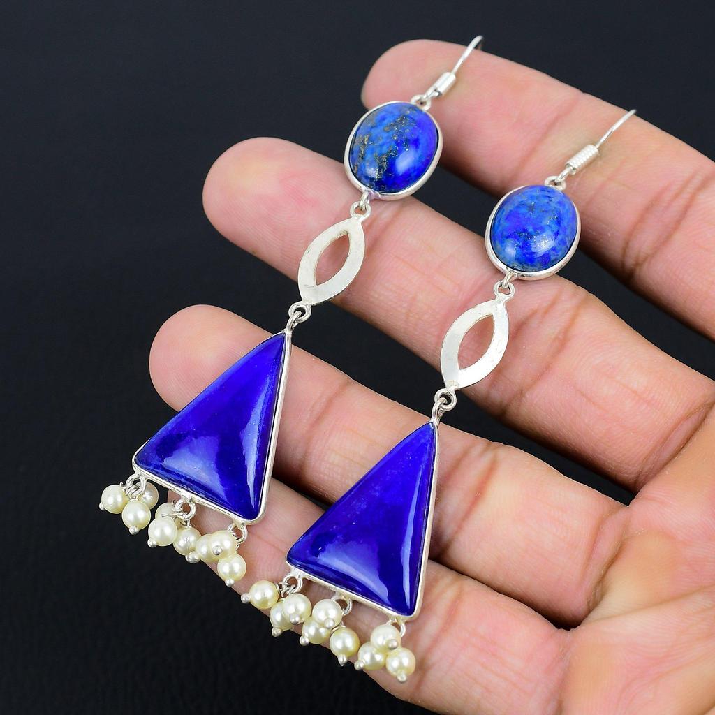 925 Silver Oval Lapis Lazuli Gemstone Dangle Drop Anniversary Earrings Jewelry