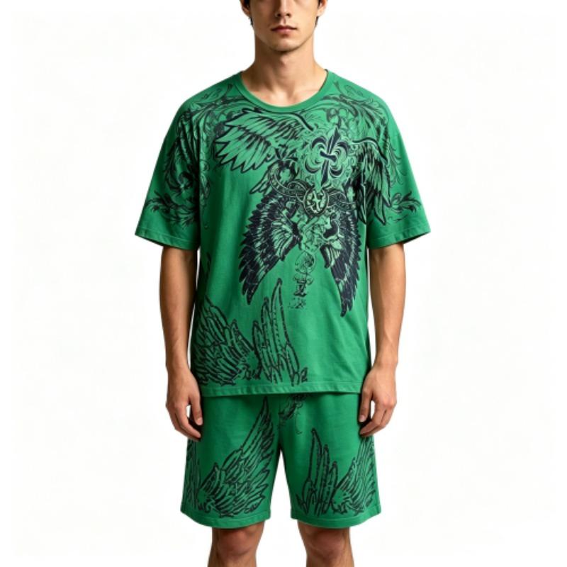 Summer Casual Angel Wing Printed Round Neck Short Sleeved T-Shirt And Shorts Set Men's and Women's T-shirt Shorts Set