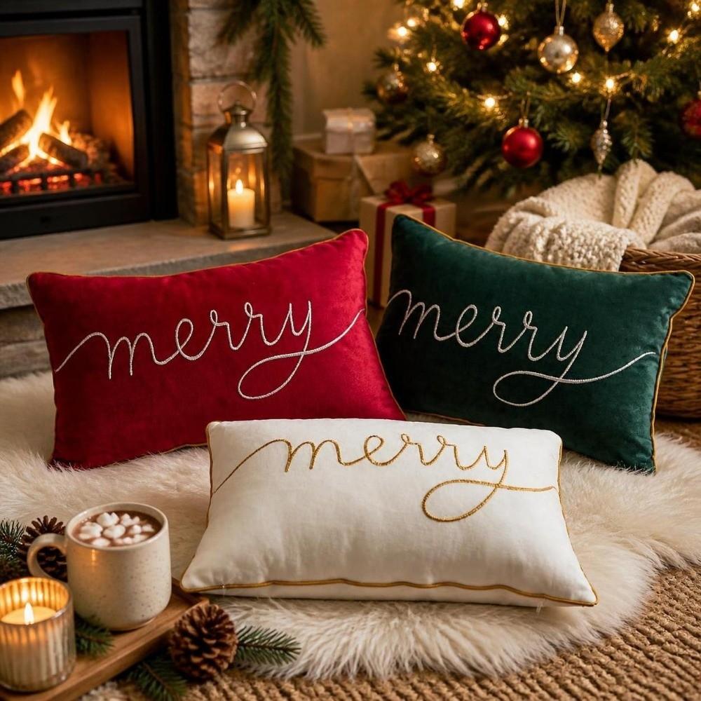 Merry Christmas Embroidered Pillow Cover Simple Cushion Case Cozy Throw Pillowcase For Home Decor