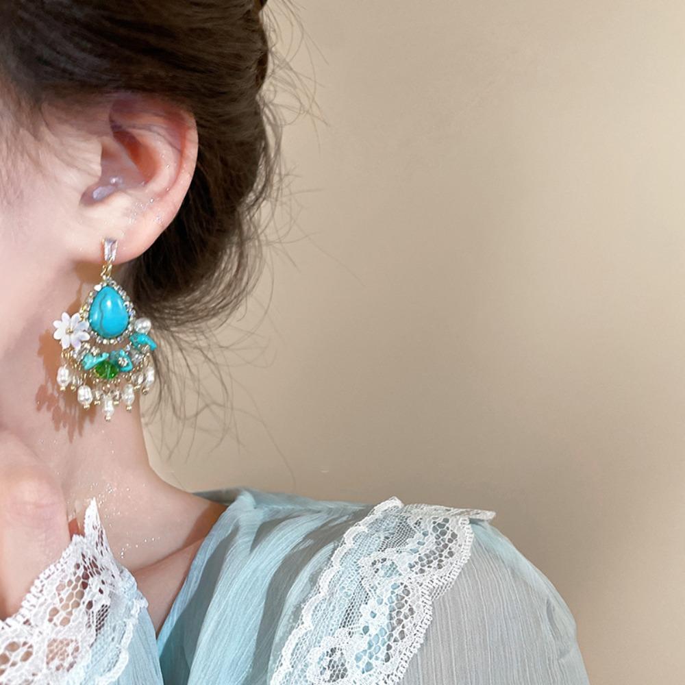 Turquoise Bohemian Turquoise Earrings Pearl Flower Shape Earrings Pendant  Beach