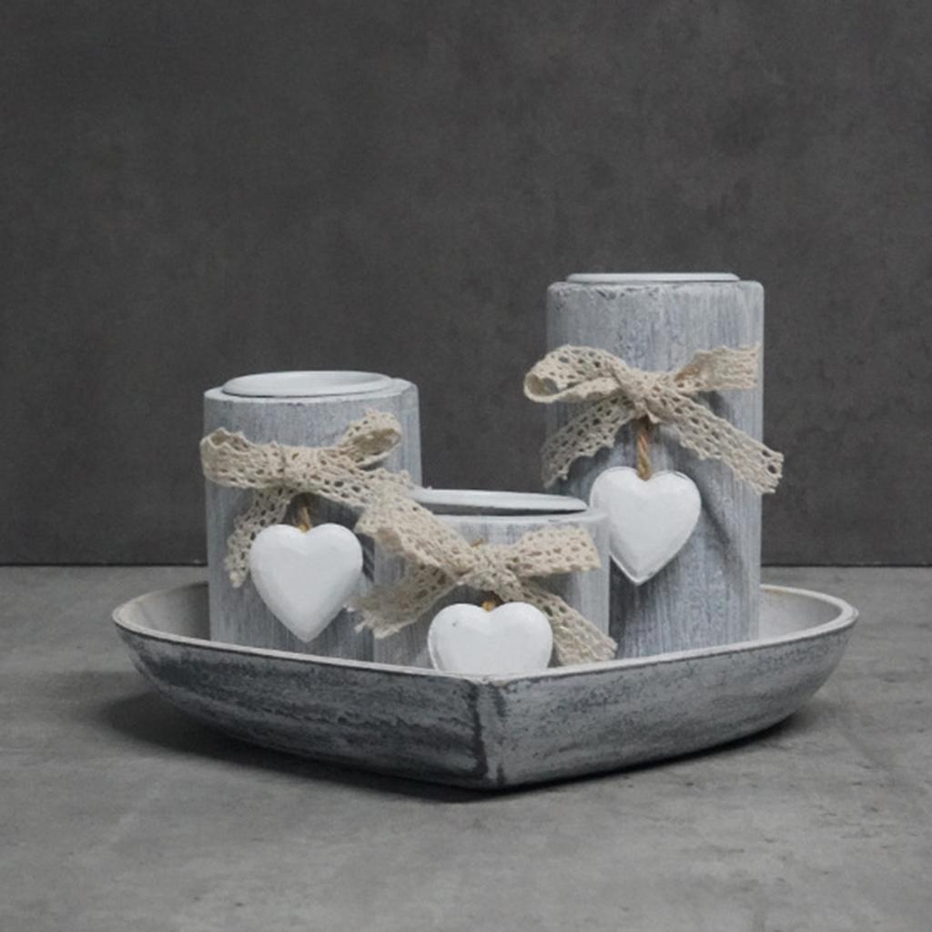 Набор деревянных подсвечников из 3 штук, подставки для чайных свечей с романтичным дизайном в виде сердец, поднос и украшение бантами для центральных элементов