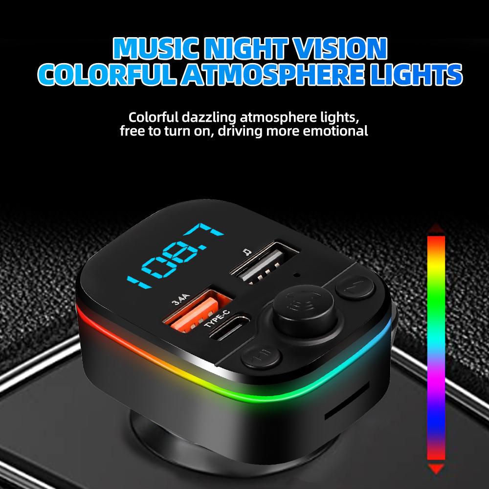 Автомобильный FM-передатчик Bluetooth 5.0 Handsfree с Type-C Dual USB 3.4A Быстрое зарядное устройство Окружающий свет Прикуриватель FM-модулятор