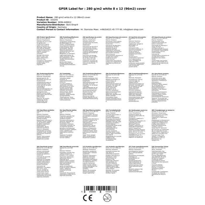 Bâche de protection 280 g/m², 8 x 12 m (96m²), blanche, bâche étanche, résistante