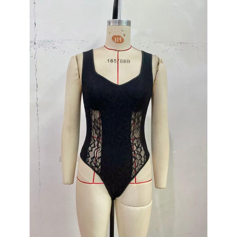 Женский летний сексуальный кружевной комбинезон без рукавов с открытой спиной черного цвета