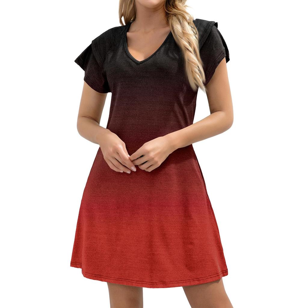 Women's Casual V-Neck A-Line Dress With Short Ruffled Edge Cuff Pocket Dress Cuff Pocket Dress