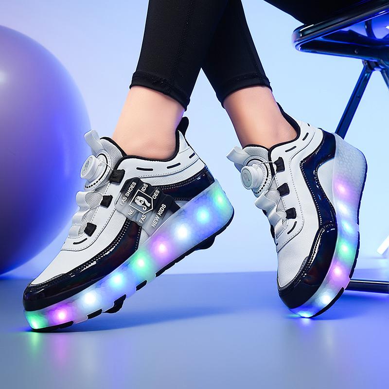 Children's Fashion Wear-resistant Rechargeable Double Row Two Wheel Pulleys Violent Walking Shoes Lighting Lights Sports Shoes Board Shoes