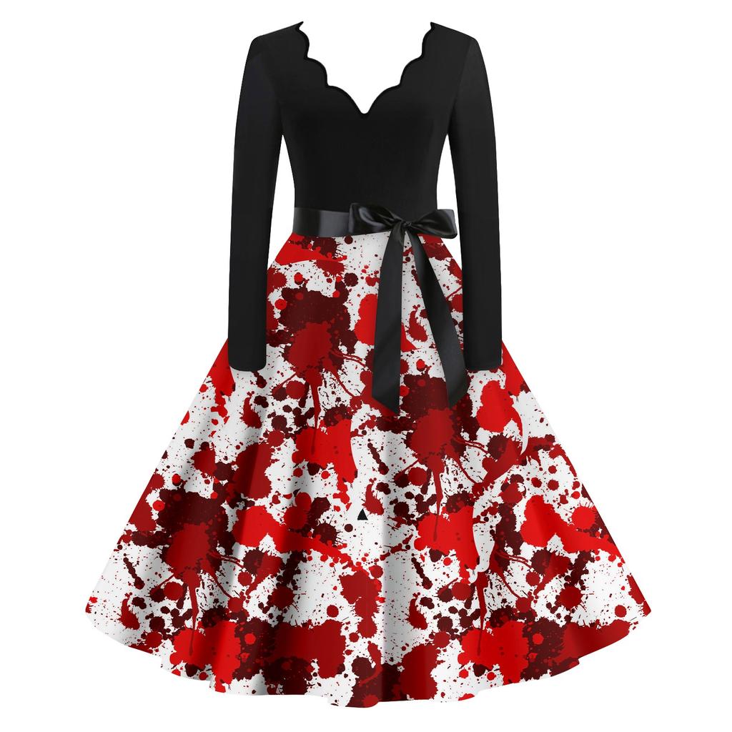 Женские повседневные модные винтажные длинные платья с длинным рукавом на Хэллоуин и графическим принтом