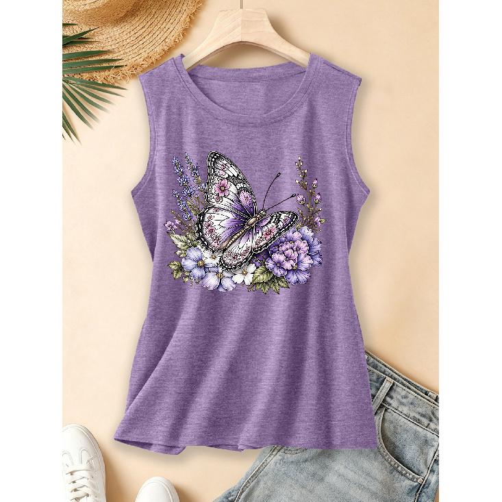 2026 New spring, summer, and autumn women's round-neck design Peony pink flower large butterfly realistic everyday commuting sleeveless