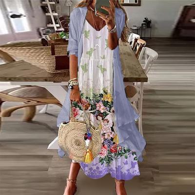 Летний женский принт, отпускной камзол, длинное платье, большой размах, комплект из двух частей