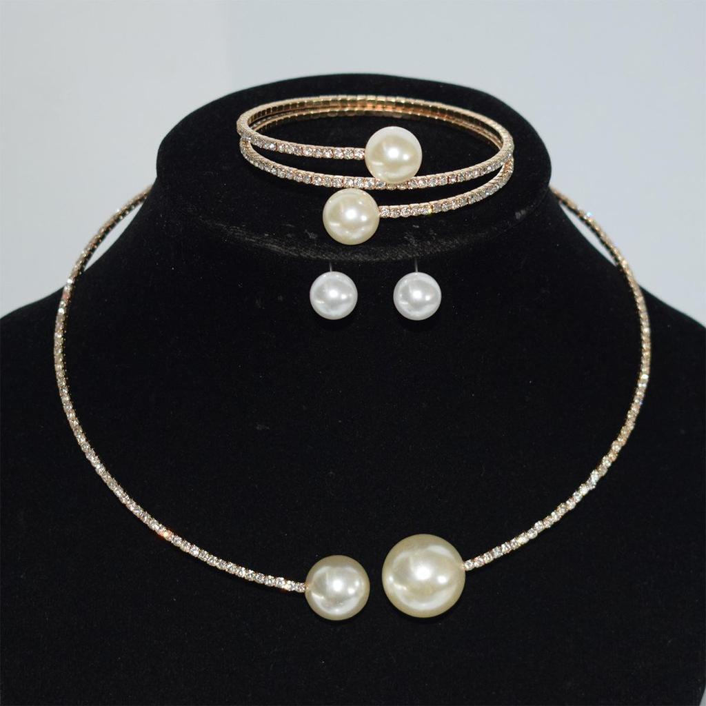 Gold-Plated Silver Women's Necklace & Bracelet Set with Pearls and Rhinestones
