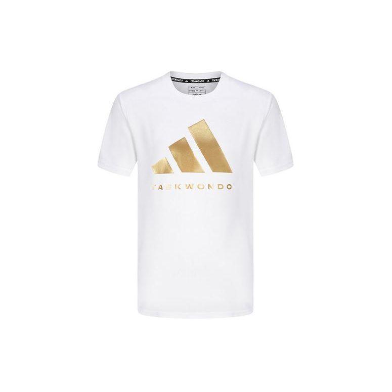 Adidas Logo Print Casual Crew Neck T-Shirt Unisex Tops White Gold ADICLTS24TKP-WG