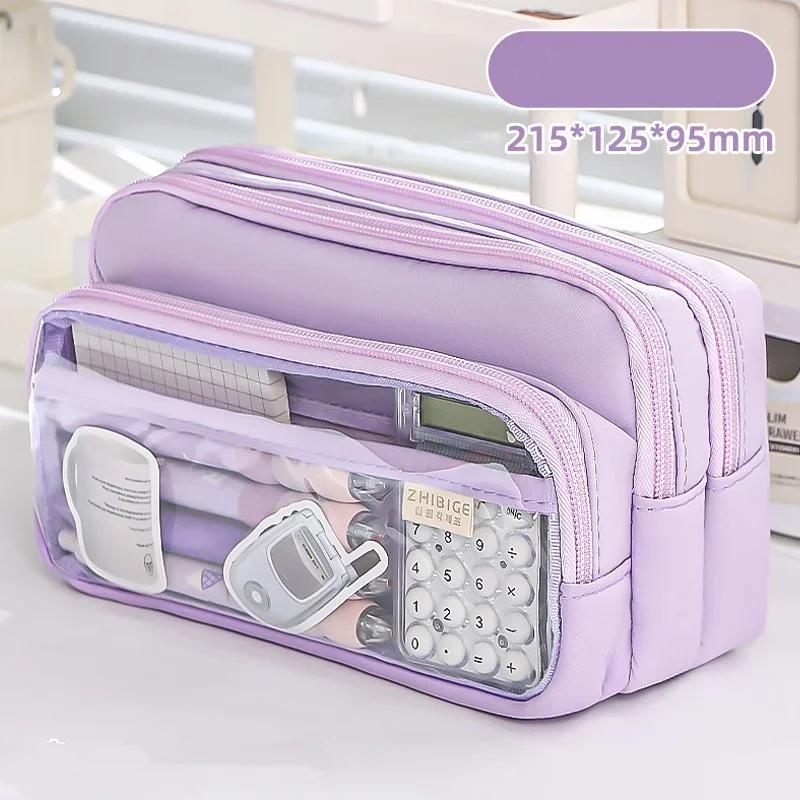 Chic Solid Color Pencil Case Korean Simplicity Transparent Pen Pouch Large Capacity Stationery Organizer Bag School Supplies