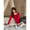 Pure Desire One-shoulder Exposed Collarbone Long-sleeved T-shirt Women's Autumn and Winter New Christmas and New Year Red Inner Bottoming Waist Top