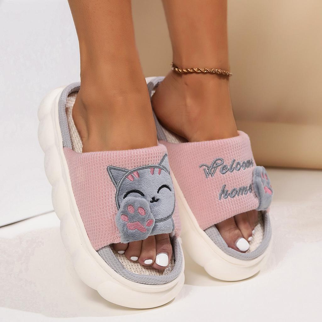 Cute Cartoon Cat Home Slippers for Women In All Four Seasons, Thick Soled Spring and Autumn Cotton Slippers for Indoor Use