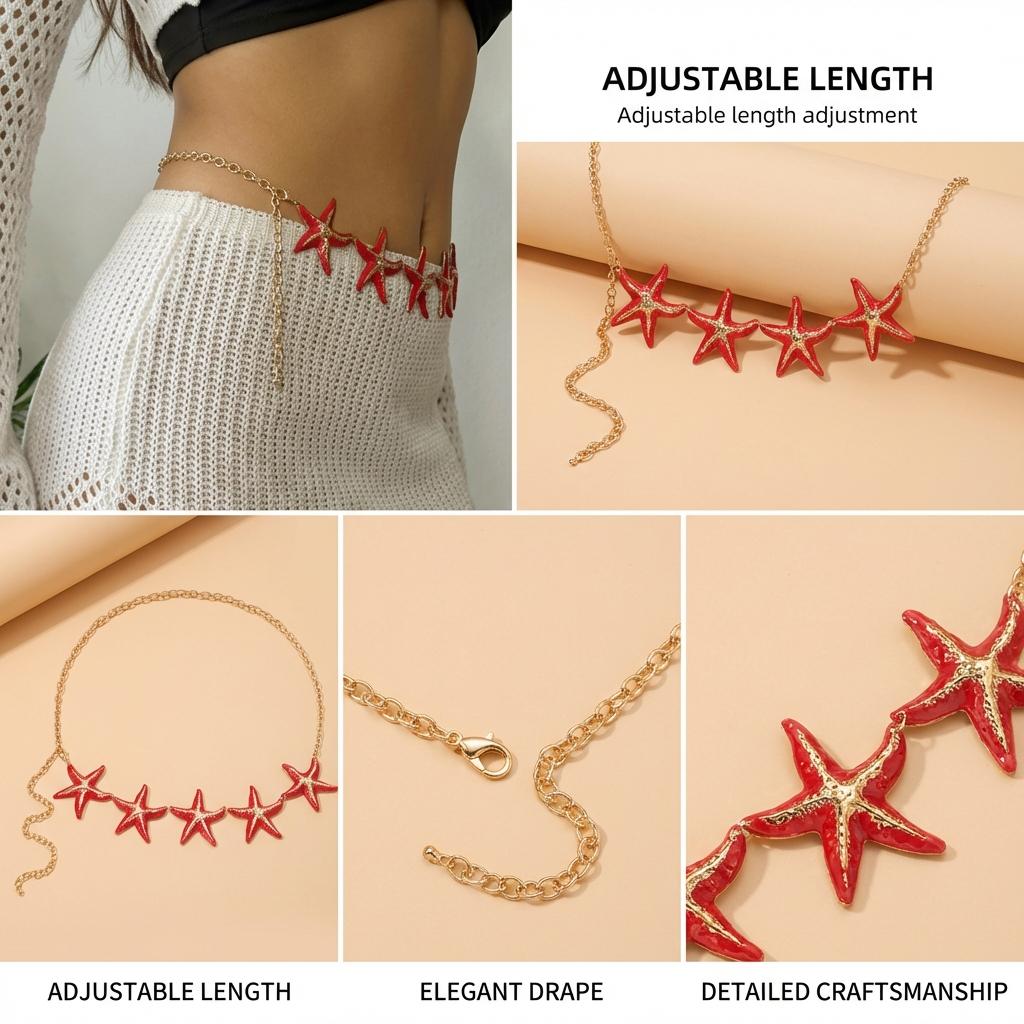 New Design Red Big Starfish Belly Chain for Women Boho Sexy Metal Exaggerate Starfish Waist Chain Summer Bikini Body Jewelry
