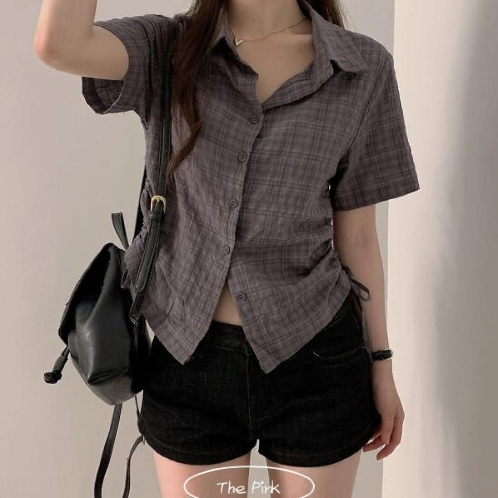 The Pink Women S Check Side Shirred Short Sleeve Shirt
