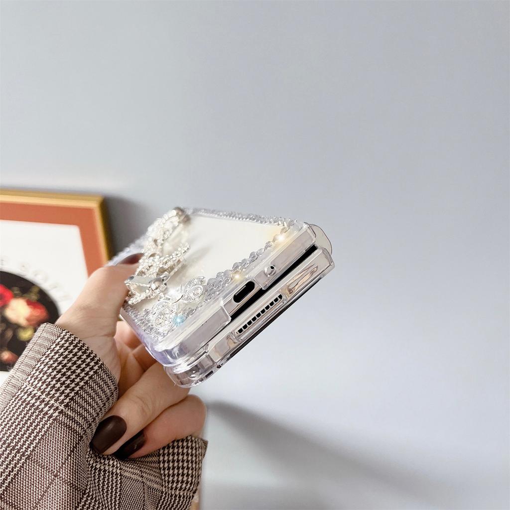 Для Samsung Galaxy Z Fold 4 милый чехол для женщин и девочек, роскошный 3d блестящий жемчужный ремешок ручной работы с цепочкой и бриллиантами, блестящий чехол