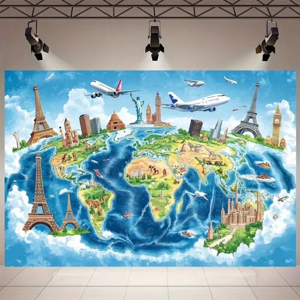 World travel map photography background, with famous attractions, suitable for portrait party banner background cloth