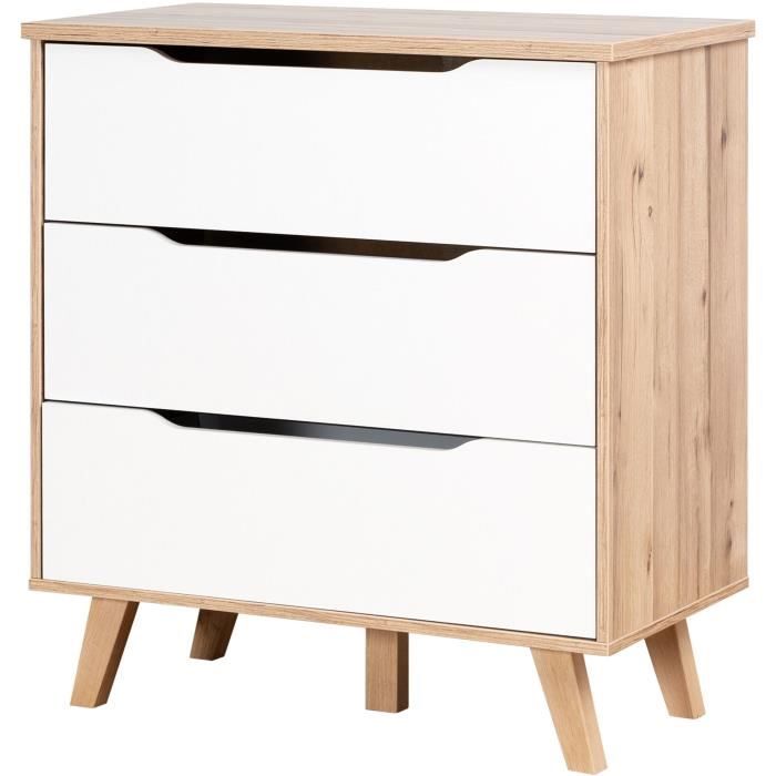 Commode VANKKA 3 Tiroirs - Décor chene et blanc - Scandinave - L 80 x P42 x H86,3cm