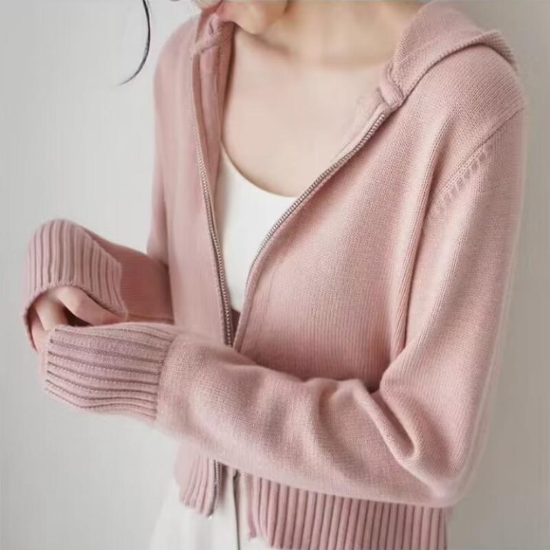 Весенний кардиган, свитер, пальто, женский дизайн, 2023, с длинным рукавом, с капюшоном, однотонный, с двойной молнией, вязаный кардиган, женский топ