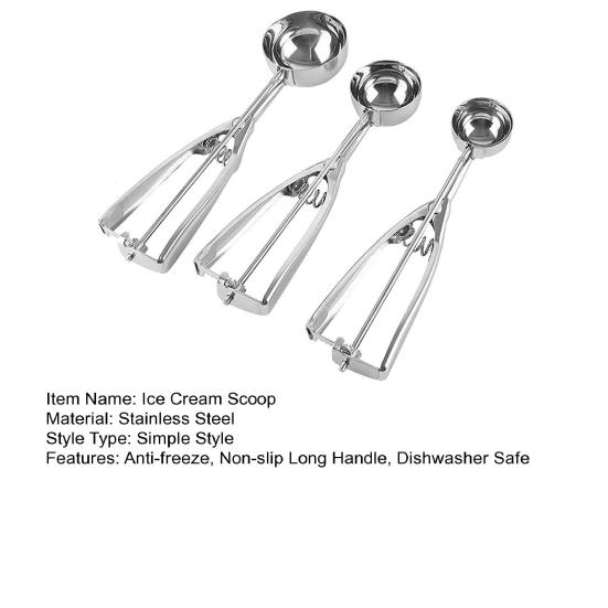 3Pcs/Set Stainless Steel Ice Cream Ball Spoon Non-stick Anti-freeze Ergonomic Spring Handle Dishwasher Safe Heavy Duty Fruit Scoop Kitchen Supplies