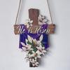 Easter He Is Risen Wreath for Front Door Religious Easter Decoration Wooden Cross Door Sign Hanging Sign Christian Floral Decor for Party Supplies