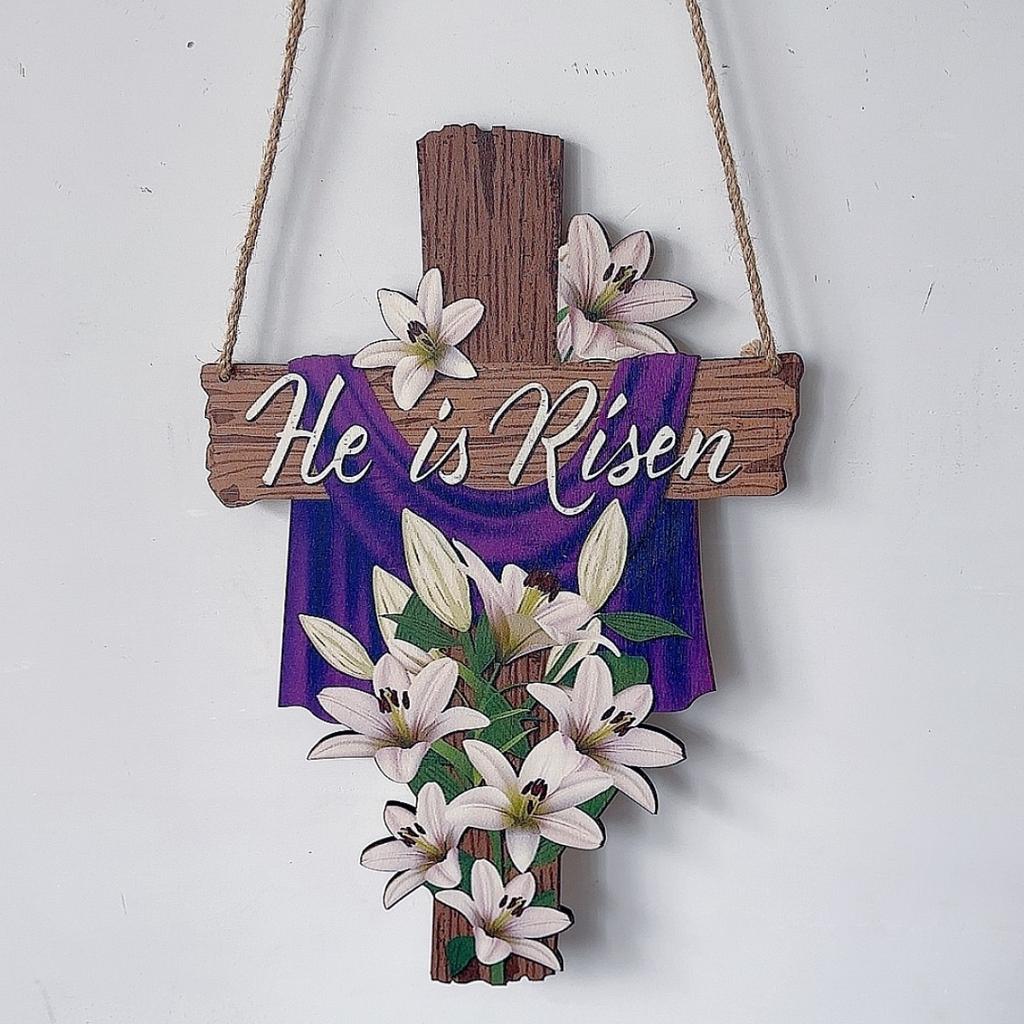 Easter He Is Risen Wreath for Front Door Religious Easter Decoration Wooden Cross Door Sign Hanging Sign Christian Floral Decor for Party Supplies