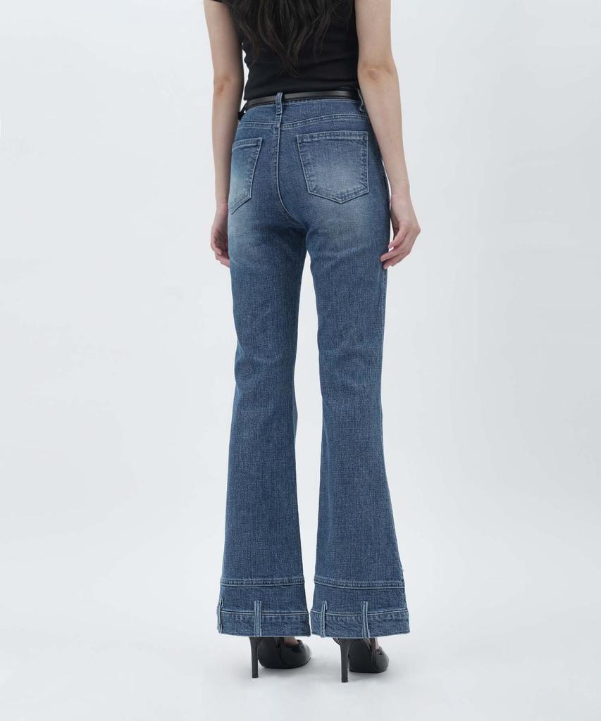 GOLDPERCENT Eyelet Hem Waistband Point Pocket Washed Bootcut Design Denim (Medium Blue / Women)