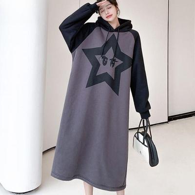 Женская мода Осень Зима Платье с принтом звезд, длинным рукавом, капюшоном, свободной талией, повседневное