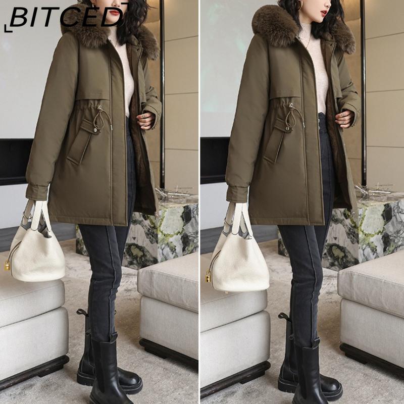 BITCED Winter Parka - Women's Relaxed-Fit Mid-Length Cotton Coat with Large Fur Collar