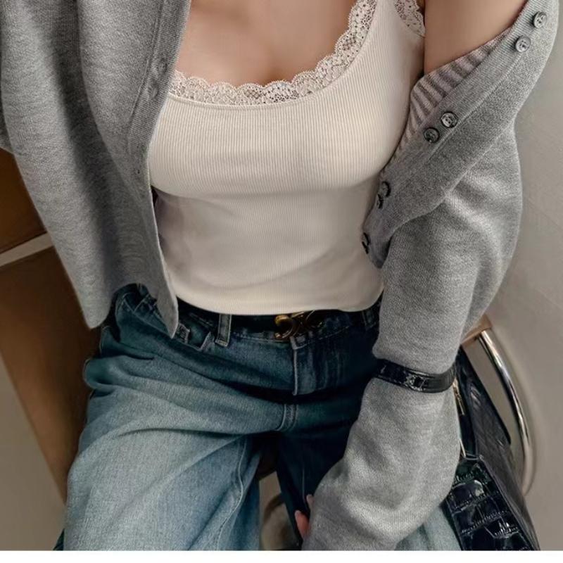 Women's Modal Slim Fit Sleeveless Bottoming Shirt with Lace Edge - Scoop Neck, Thin Section for Spring and Summer