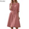 ZANZEA Women Casual Round Neck 3/4 Sleeve Loose Dress