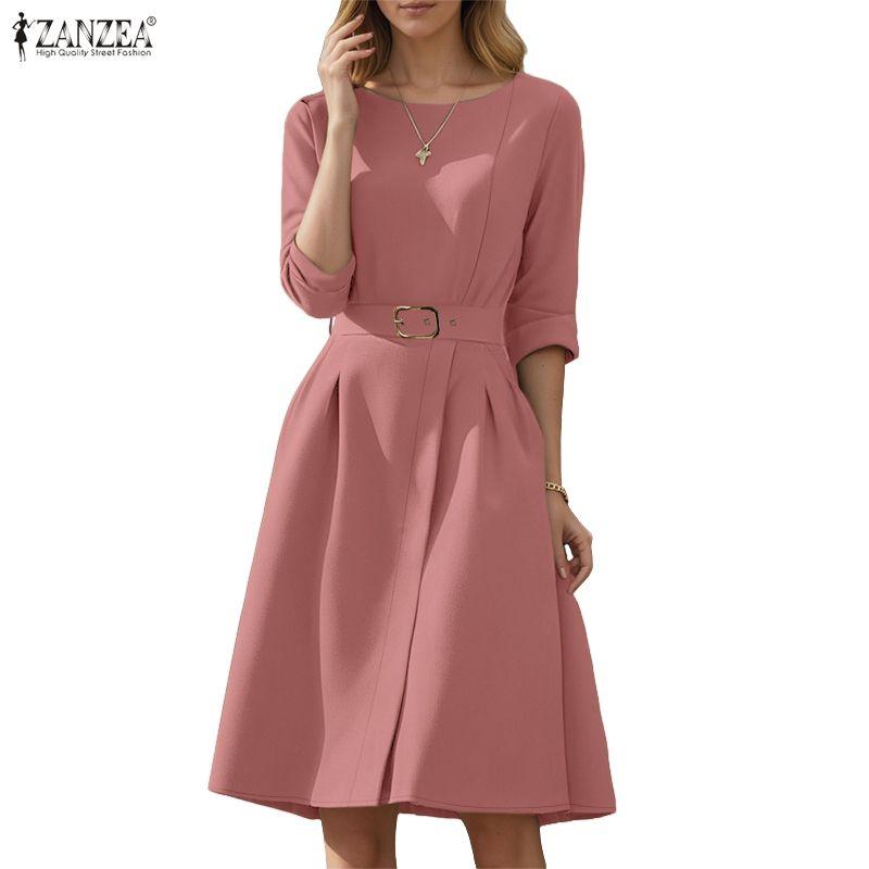 ZANZEA Women Casual Round Neck 3/4 Sleeve Loose Dress