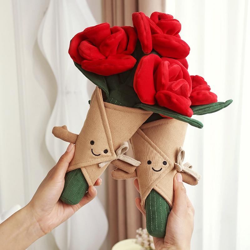 Everlasting Plush Rose Bouquet Toy With Smiley Face Soft Simulated Flower Decor Romantic Valentine‘S Day Gift For Girls Kids