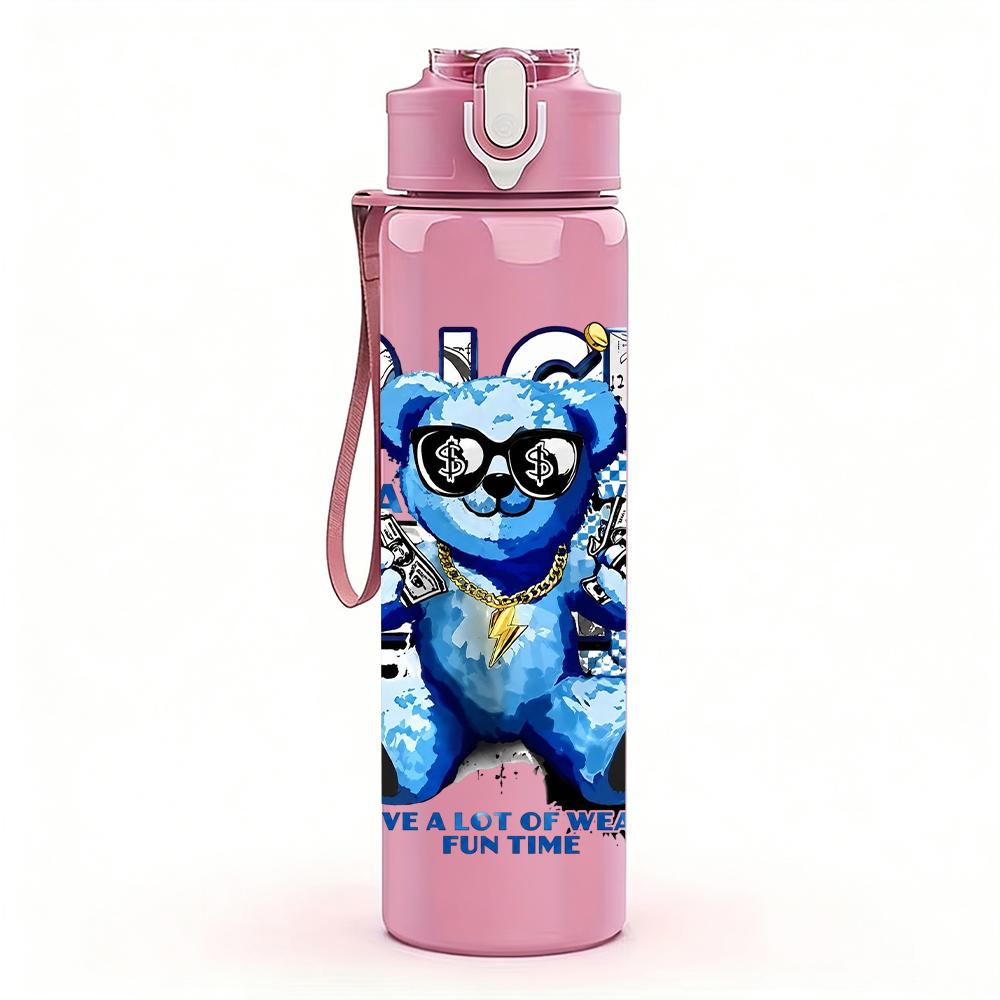 1PC Rich Blue Bear Glasses Portrait 750ml Color Plastic Water Bottle Leakproof Flip Straw Lid For Sports Office Home Use