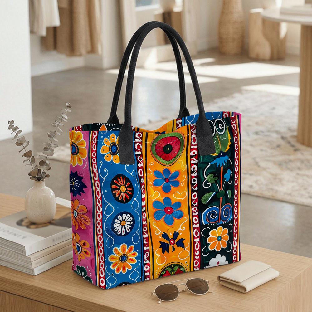 Bohemian Floral Printed Tote Bag Large Capacity Casual Shoulder Handbag for Daily Use