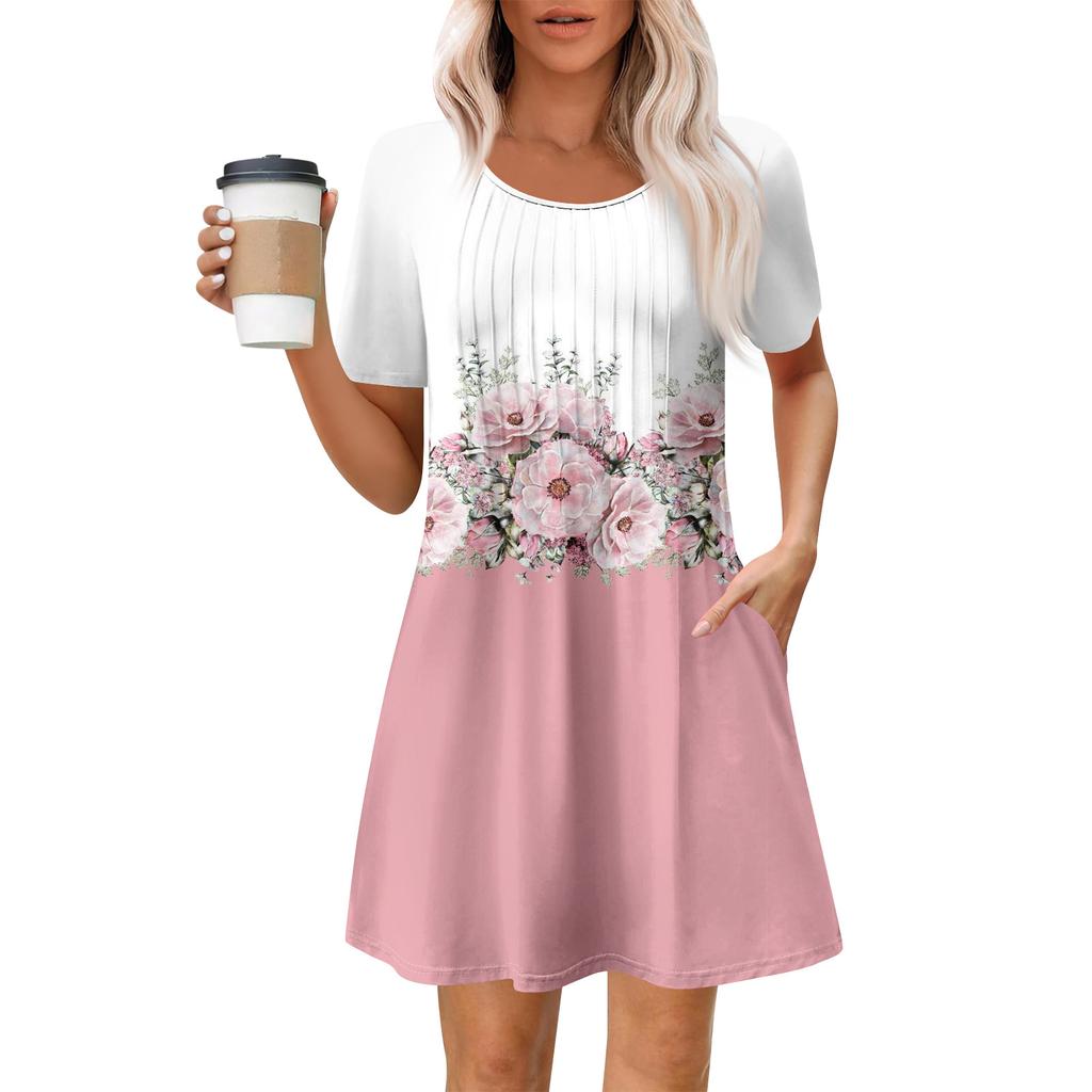 Women's Summer Dress Loose Beach Vacation Casual Round Neck Short Sleeve Sundress With Pocket Short Sleeve Shirt Dress