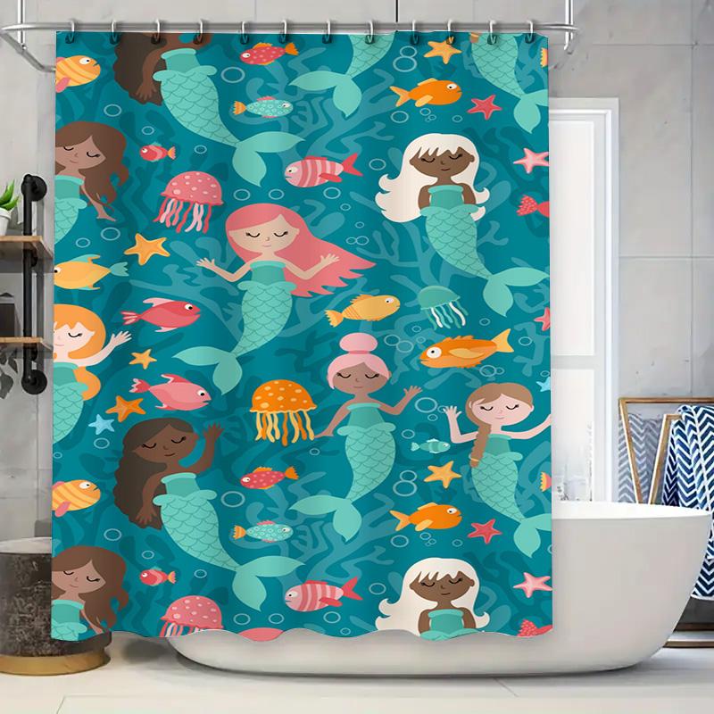 Mermaid Tail Shower Curtain Children's Bath Decor Waterproof Fabric Blue Ocean Life Print Home Bathroom Decoration