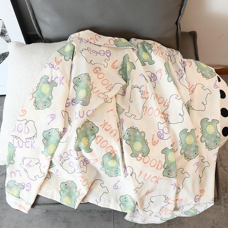 Домашняя одежда с зелеными динозаврами, мультяшный кавайный милый женский спальный халат, осенняя новая повседневная пижама с длинным рукавом и брюками из 2 предметов