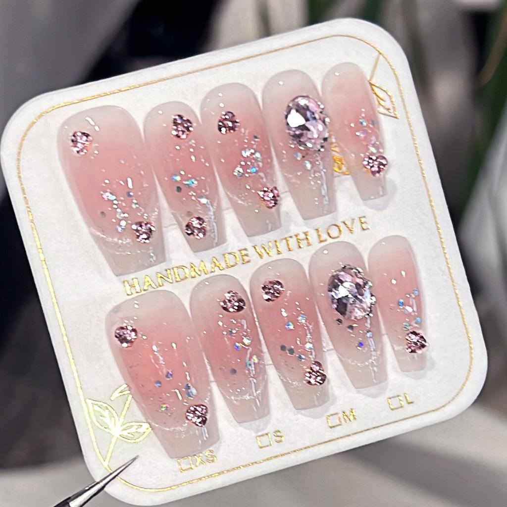 10-Piece Luxe Fake Nails: Blush & Glitter Press-On French Cat-Eye Tips for Seductive Style