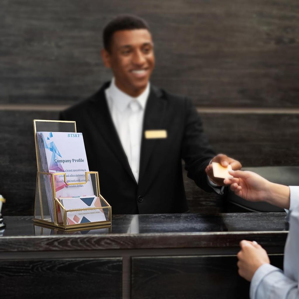 BTSKY Golden Glass Brochure Holder for 4" Wide Trifold Handouts, Countertop Pamphlet Holder Display Stand with Business Card Holder, Flyer Display