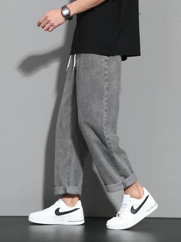 Dingfengbaoluo Men's High Street Loose Straight-Leg Cropped Pants