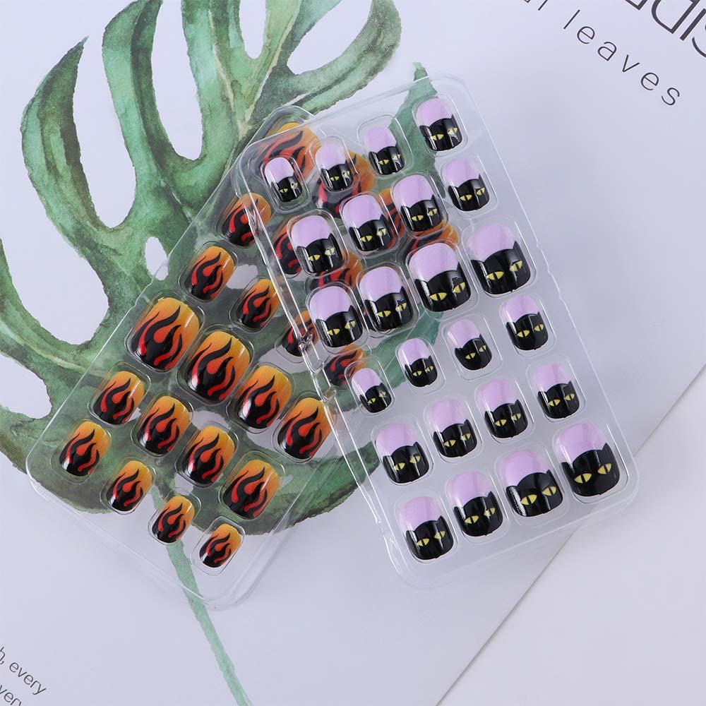 Colorful Fire Halloween Full Cover Punk Press On Glue Self Fake Nail Tips Manicure Nail Art Decorations Short False Nails