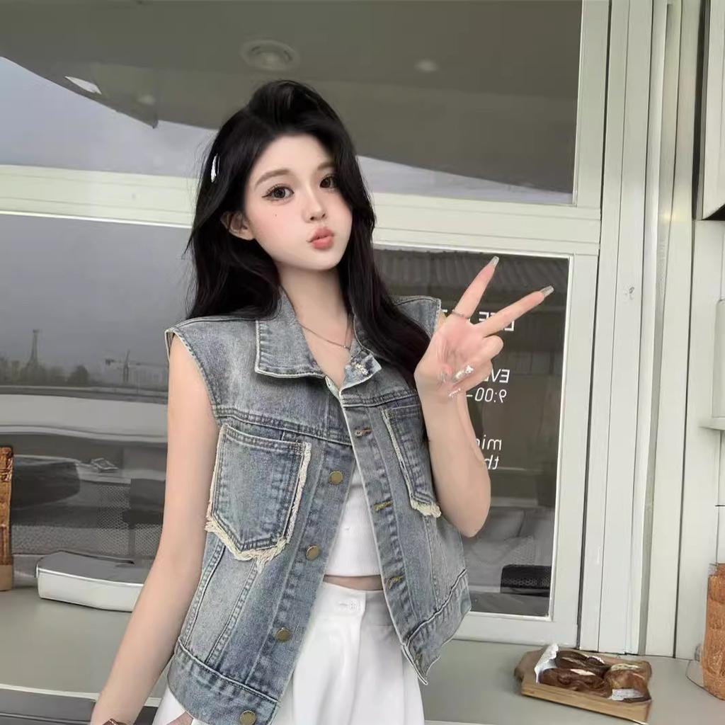 Fashion Raw Edge Denim Vest Jacket Women's Spring Summer Sleeveless Vest Shoulder Waistcoat
