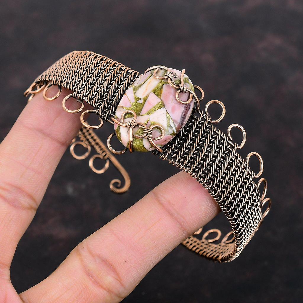 Браслет из медного розового опала, медная проволока, ювелирные изделия, браслет-манжета с драгоценным камнем, регулируемый браслет, браслет из проволочной обмотки, подарок для мамы, браслет ручной работы