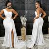 Lady Evening Dress One Shoulder Sleeveless Split Hem Solid Color Pleated Solid Color Prom Cocktail Party Maxi Dress Ball Gown