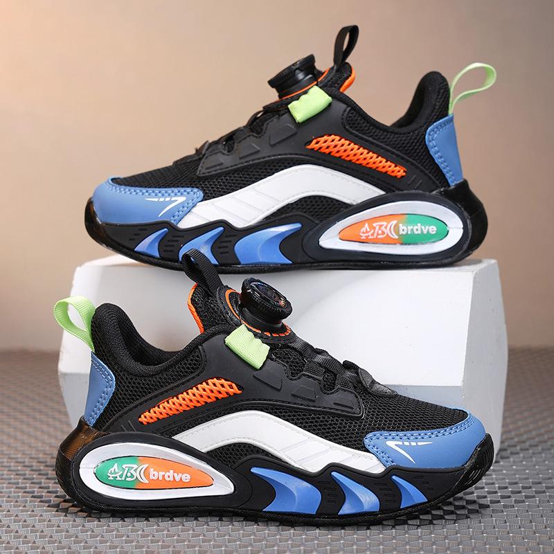 Single net children's shoes boys rotating buckle running shoes 2025 spring and summer mesh breathable non-slip soft sole girls sports shoes